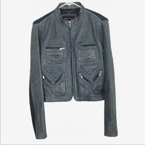 BCBGMaxAzria Leather Moto Jacket Cropped Gray Zippered Pockets Women Small EUC